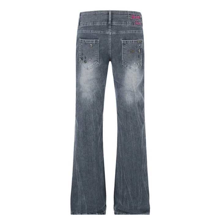 Damen High‑Waist Flared-Jeans mit weitem Bein, Doppelknopf und Nieten-Detail Drune