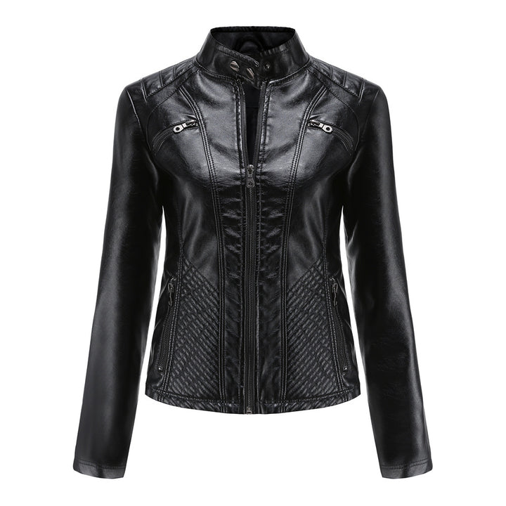 Damen nan taillierte Bikerjacke aus Kunstleder mit Stepppaneelen und Stehkragen Drune