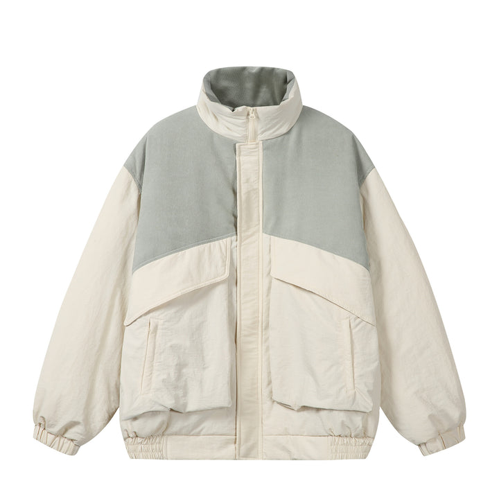 Unisex Boxy-Pufferblouson mit hohem Stehkragen, Cord-Schulterpasse und großen Pattentaschen Drune