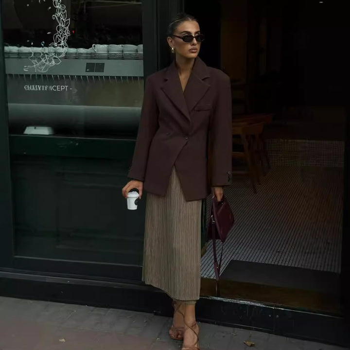 Damen nan oversized Longblazer mit kastigem Schnitt Reverskragen und verdeckter Brustpaspel Drune