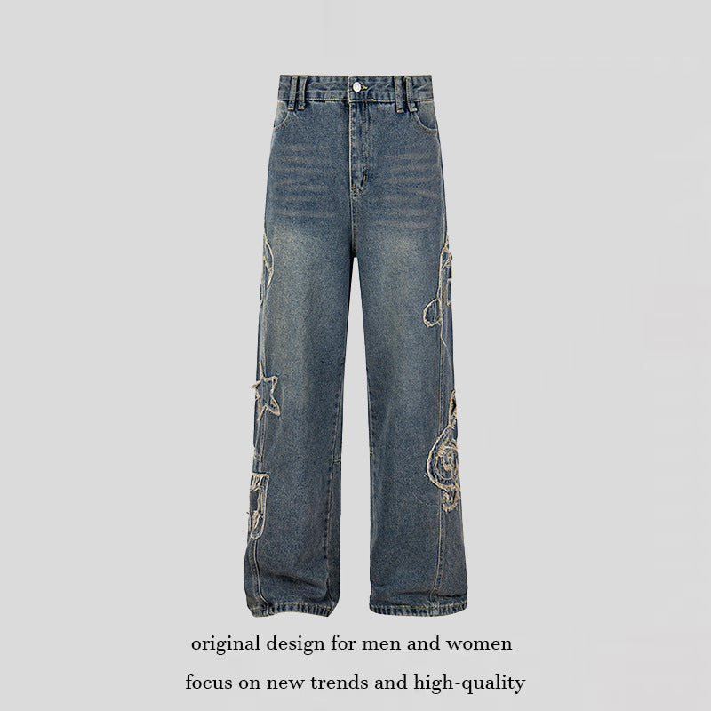 Damen Jeans mit hohem Bund, weitem Beinverlauf, Stick- und Destroy-Details Drune