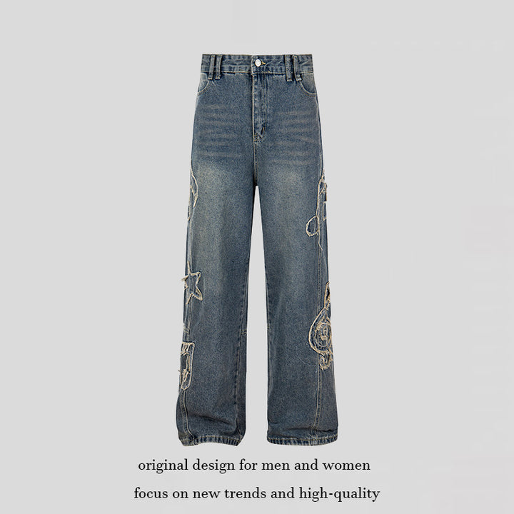 Damen Jeans mit hohem Bund, weitem Beinverlauf, Stick- und Destroy-Details Drune