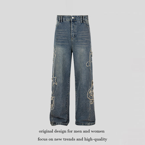 Damen Jeans mit hohem Bund, weitem Beinverlauf, Stick- und Destroy-Details Drune