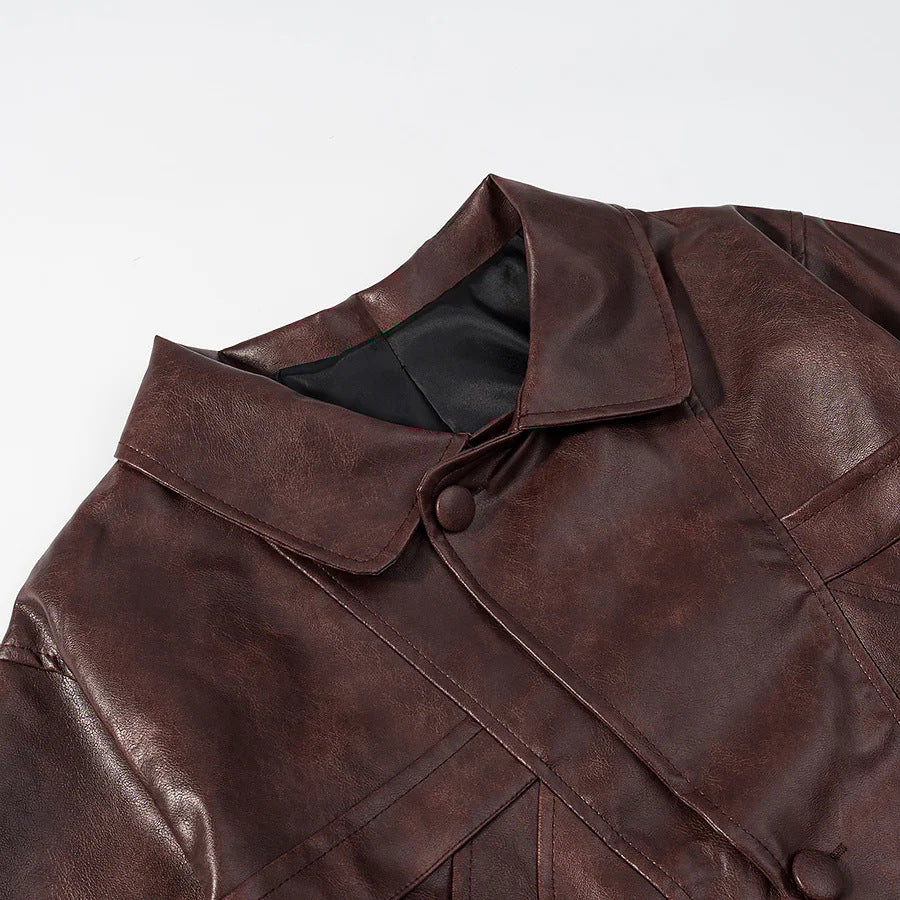 Damen nan kurze Cropped Kunstlederjacke im Vintage-Look mit Hemdkragen, geometrischen Nahtpaneelen und verdeckter Druckknopfleiste Drune