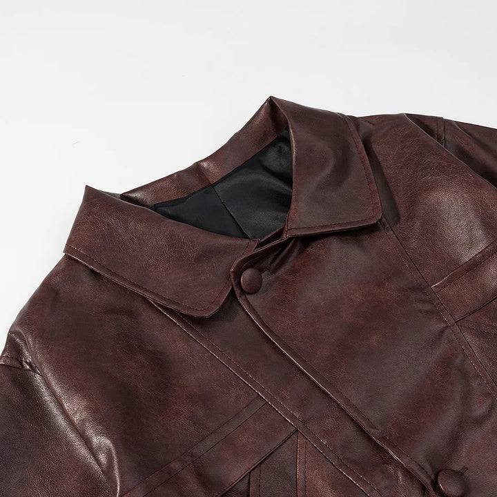 Damen nan kurze Cropped Kunstlederjacke im Vintage-Look mit Hemdkragen, geometrischen Nahtpaneelen und verdeckter Druckknopfleiste Drune