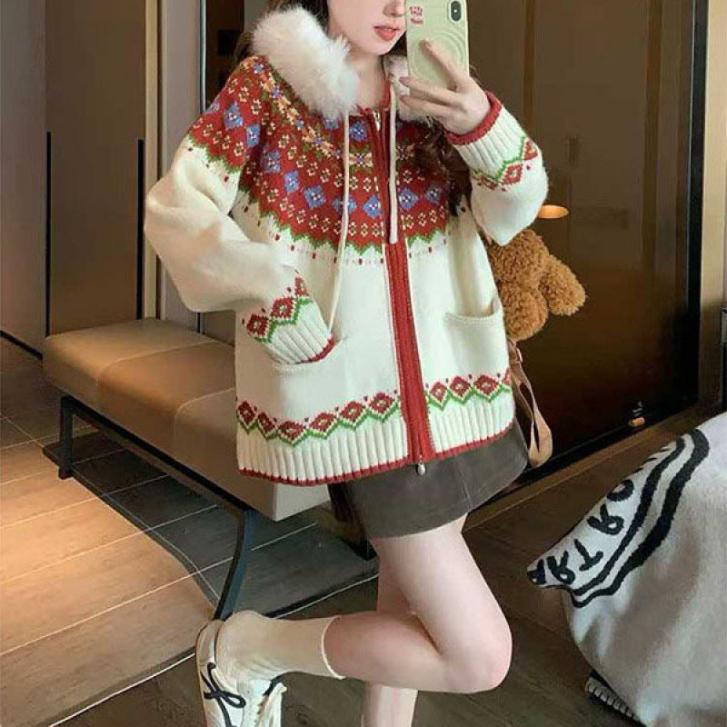 Damen Strickjacke mit angesagtem Norwegermuster und luxuriösem Kunstpelzkragen Drune