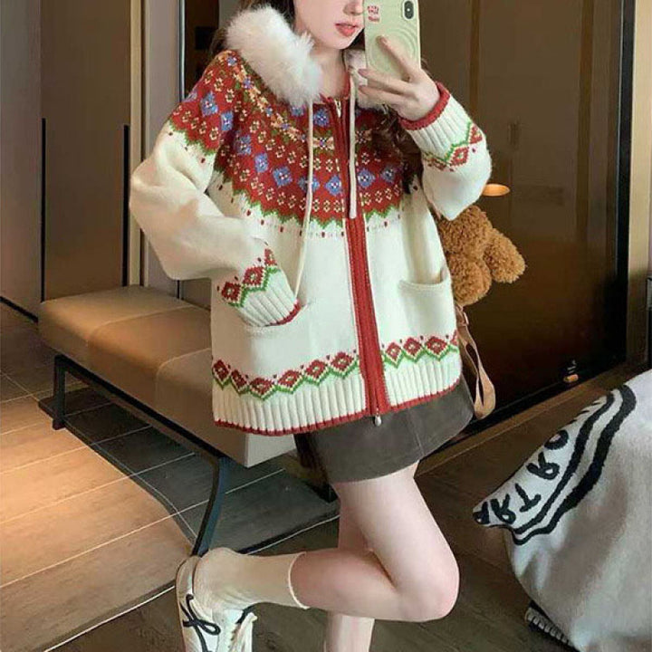 Damen Strickjacke mit angesagtem Norwegermuster und luxuriösem Kunstpelzkragen Drune