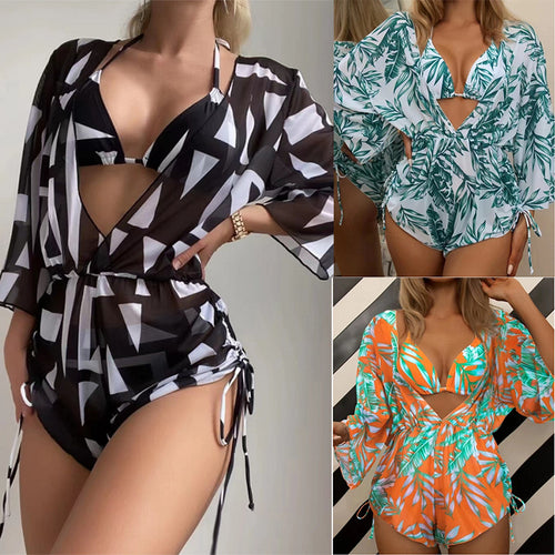 Damen Bikiniset mit transparentem Überwurf und modischem geometrischen Muster Drune