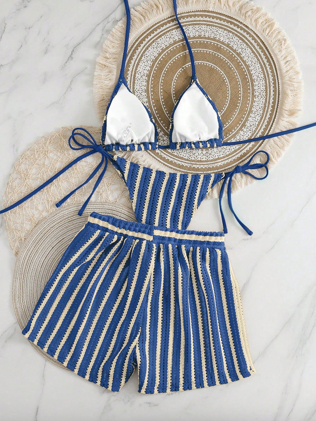 Damen Bikini-Set mit gerafftem Oberteil und hoch taillierten Shorts Drune