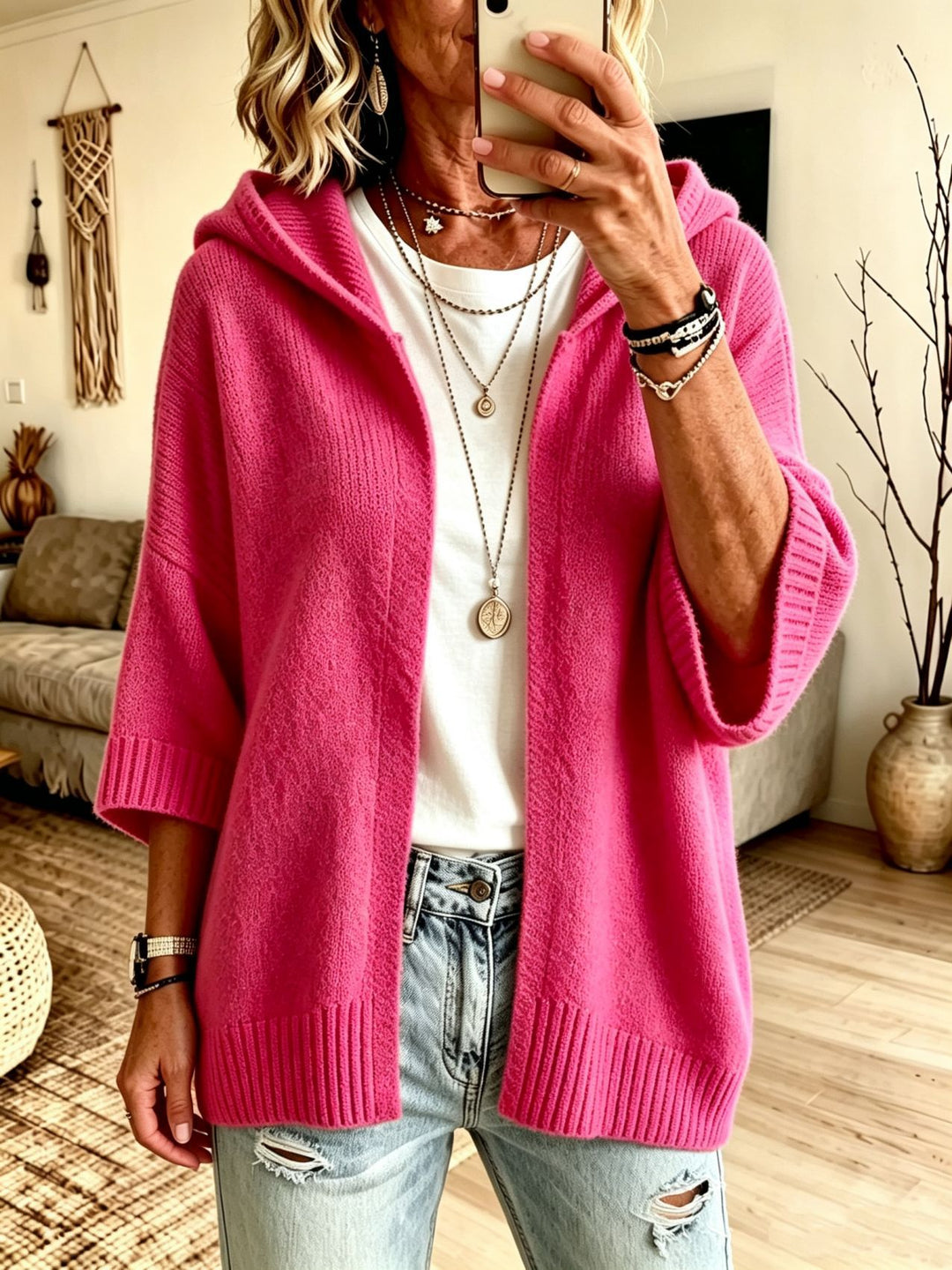 Damen Kapuzen-Longcardigan aus grobem Strick mit 3/4-Ärmeln und offener Front Drune