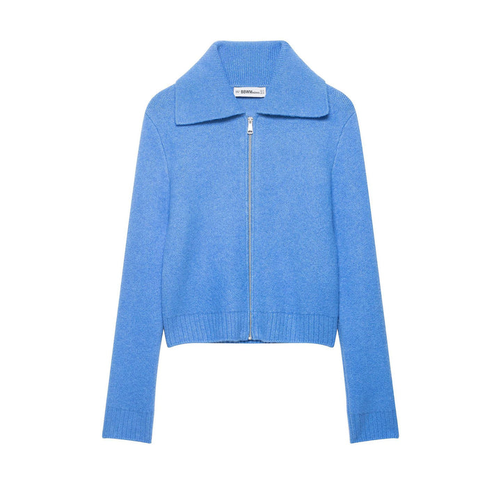 Damen Grobgestrickte Kurzjacke mit Reißverschluss, weitem Kragen und geripptem Saum Drune