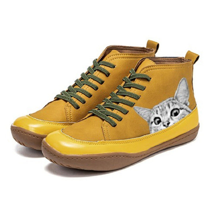 Damen High-Top Sneaker mit geprägtem Katzenmotiv weiches Kunstleder und gepolstertes Komfortfußbett Drune