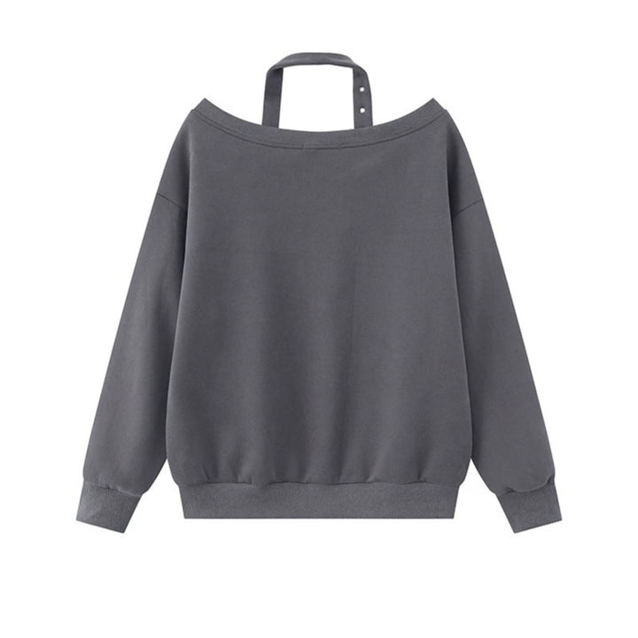 Damen Oversize-Sweatshirt mit asymmetrischem Träger, Kängurutasche und großem Lettering Drune