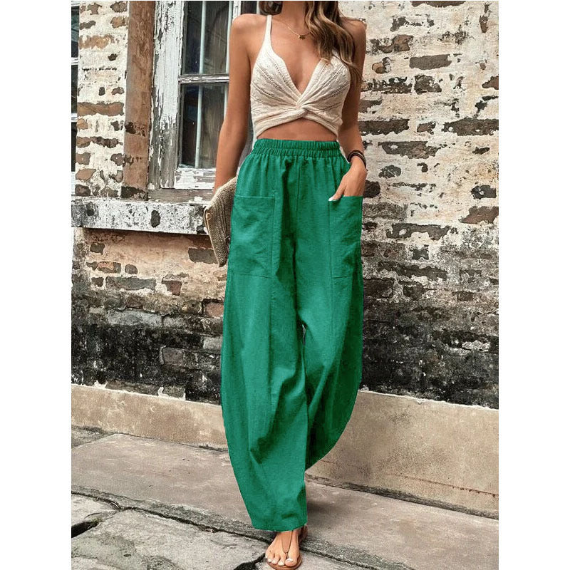 Damen Weite Leinenhose mit elastischem Bund, aufgesetzten Taschen und lässigem Harem-Schnitt Drune