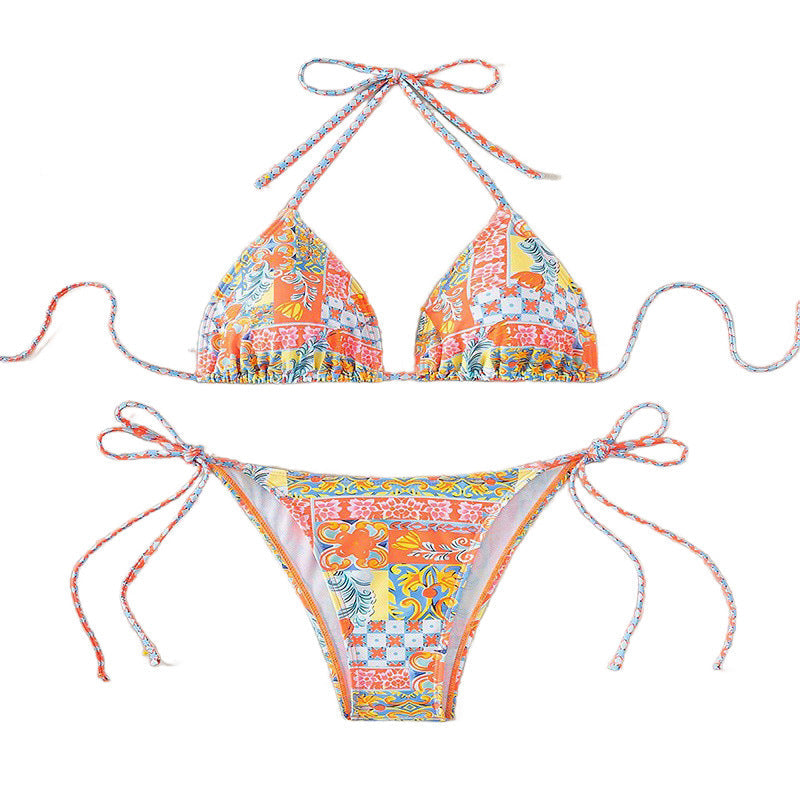 Damen Triangel-Bikini-Set mit verspielt floralem Muster und verstellbaren Bindebändern Drune