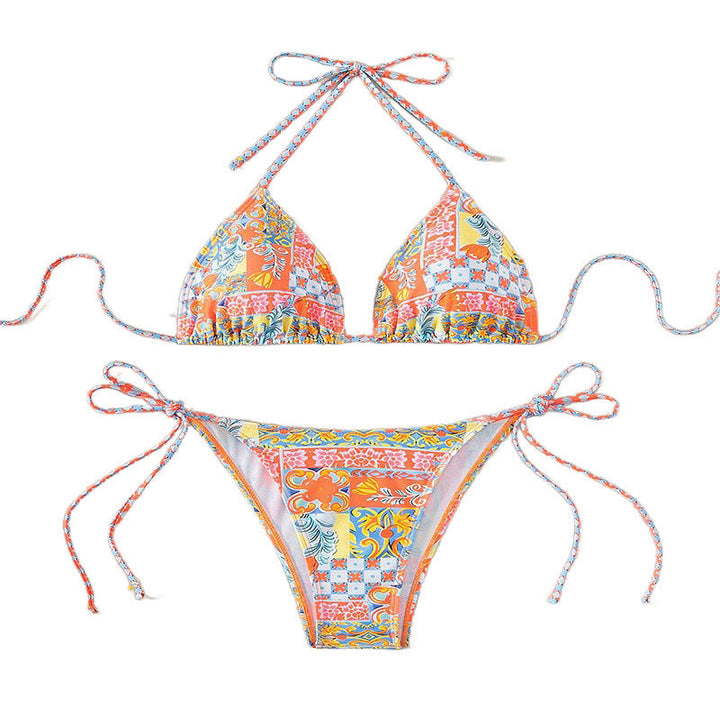 Damen Triangel-Bikini-Set mit verspielt floralem Muster und verstellbaren Bindebändern Drune
