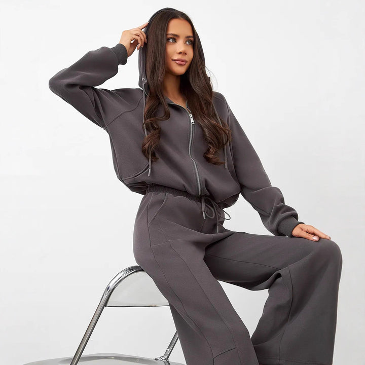 Damen Oversize-Zip-Hoodie mit Kängurutasche und hochgeschnittener Sweathose mit weiter Beinführung Set Drune