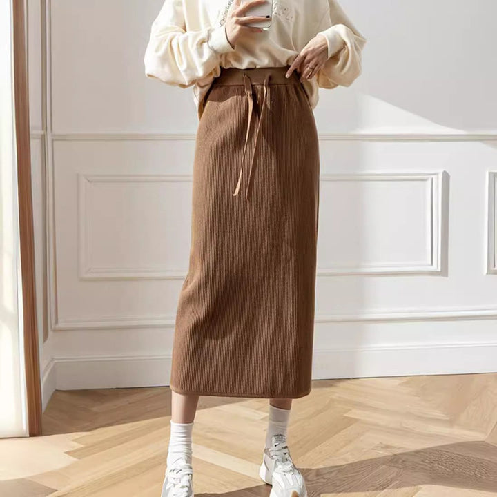 Damen Knielanger Strickrock mit Taillenband und texturiertem Design Drune