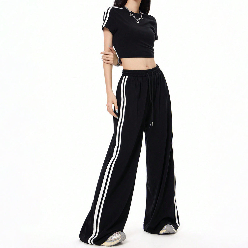 Damen lässige Highwaist weite Sweathose mit elastischem Bund, Tunnelzug und seitlichen Kontraststreifen Drune