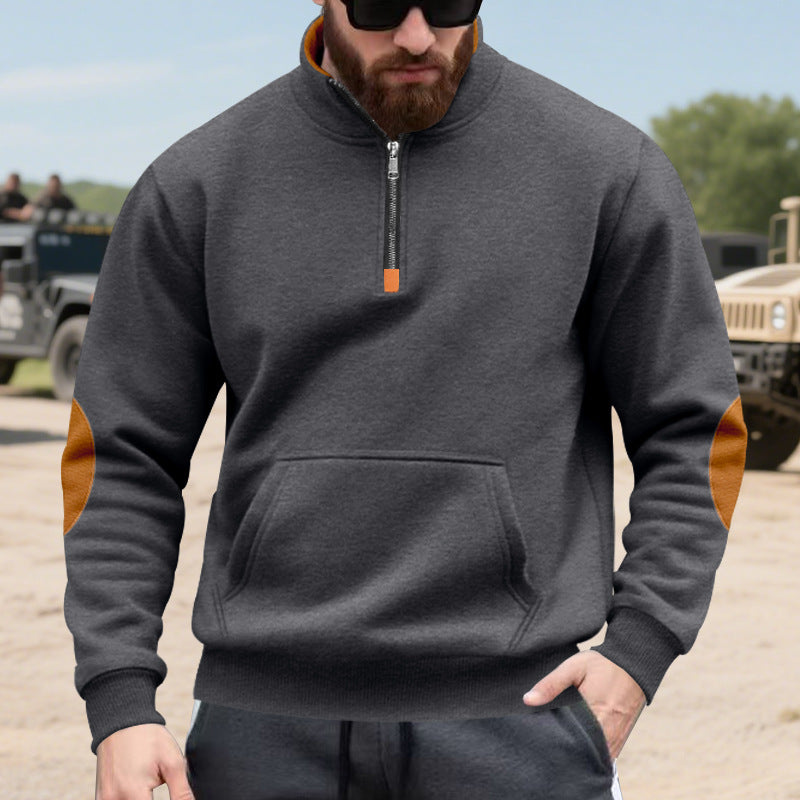 Herren nan Halbzip-Sweatshirt mit Stehkragen, Kängurutasche und kontrastierenden Ellbogenpatches Drune