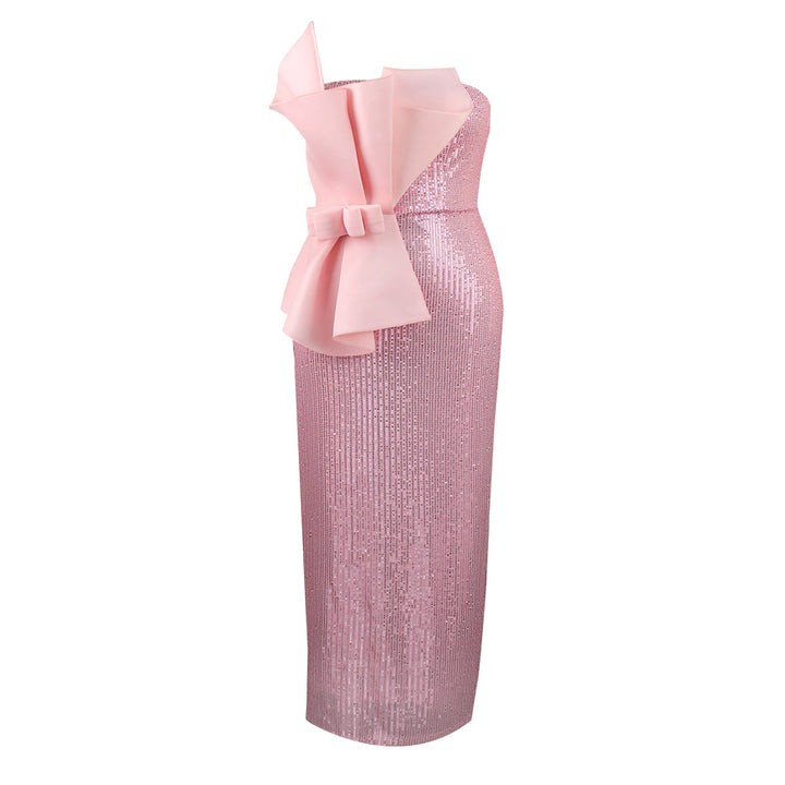 Damen Glänzendes Abendkleid mit asymmetrischem Schnitt und voluminöser Schleifen-Applikation Drune