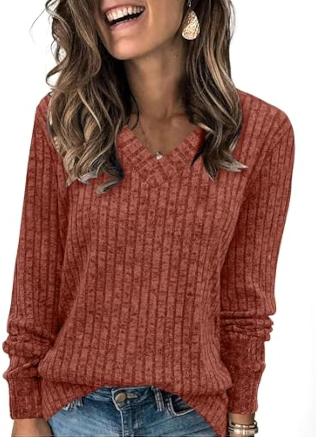 Damen gerippter V‑Ausschnitt Feinstrickpullover mit längerem Arm Drune