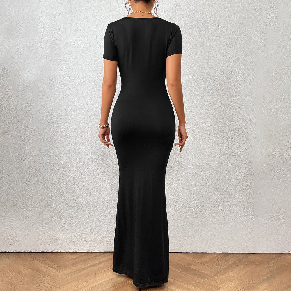 Damen elegantes Maxikleid mit tiefem U-Boot-Ausschnitt und figurbetontem Schnitt Drune