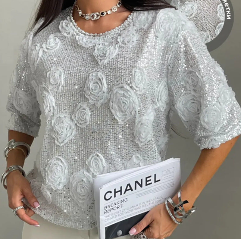 Damen nan elegante Paillettenbluse mit dreidimensionalen Rosenapplikationen, Rundhalsausschnitt und halblangen Ärmeln Drune