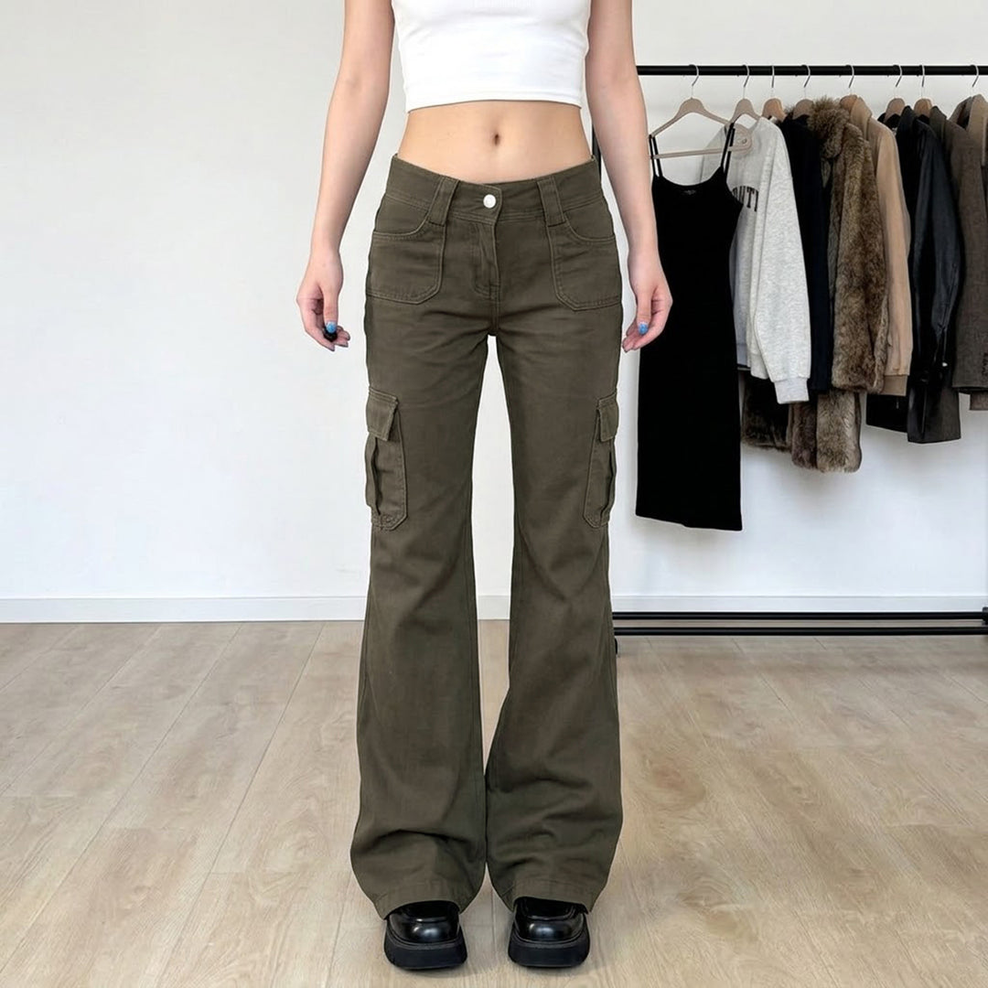 Damen nan Cargo-Flared-Hose mit hochgeschnittener Taille, aufgesetzten Beintaschen und ausgestelltem Bein Drune