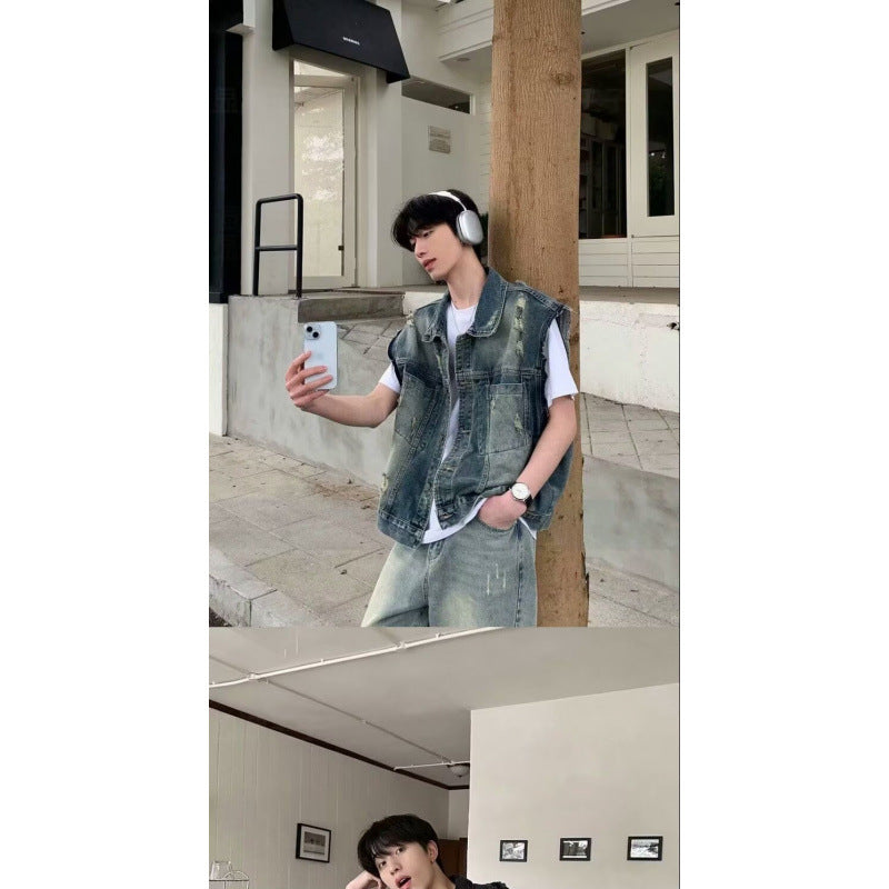 Herren Denim-Weste im Vintage-Used-Look mit Destroyed-Taschen und kastiger Passform Drune