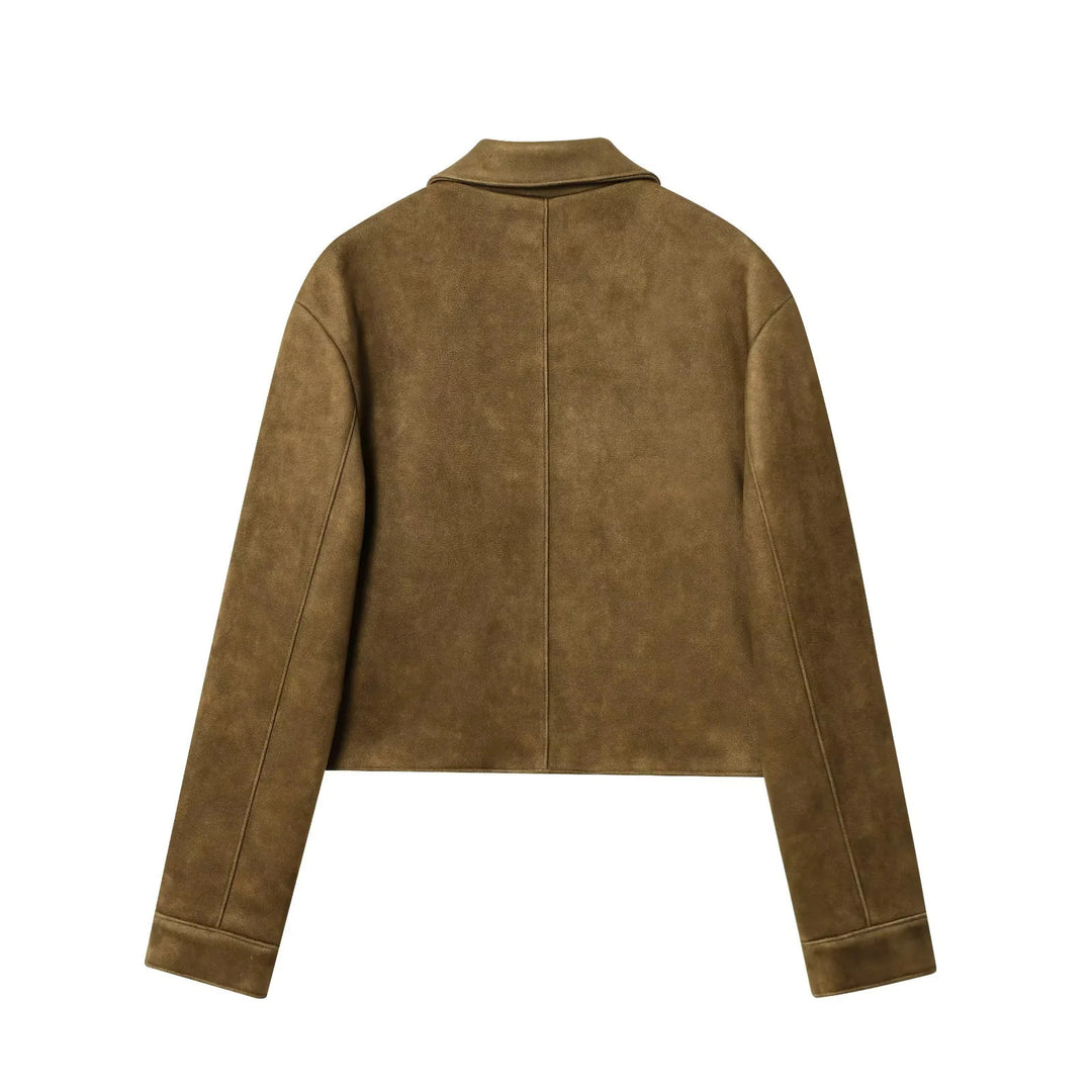 Damen nan kurzgeschnittene Veloursimitat-Übergangsjacke mit Hemdkragen und verdeckter Knopfleiste Drune