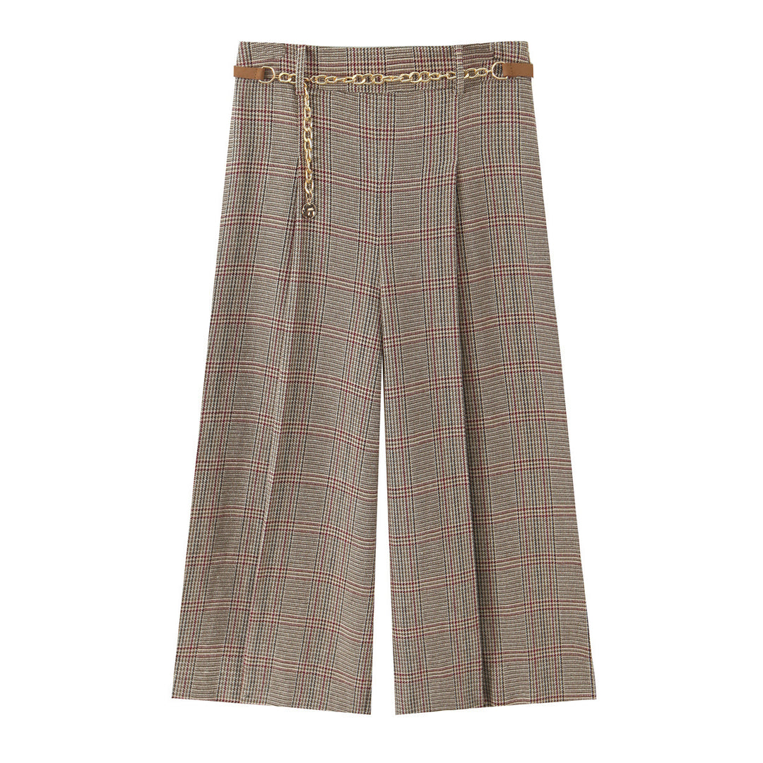 Damen 200+ hochtaillierte weite Glencheck-Palazzohose mit Zierkettengürtel Drune