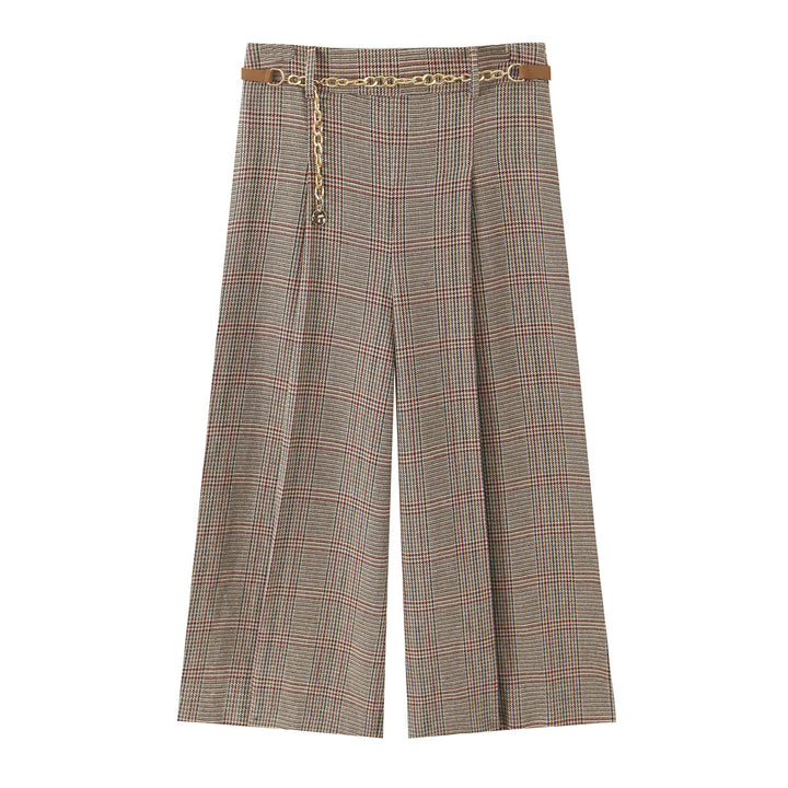 Damen 200+ hochtaillierte weite Glencheck-Palazzohose mit Zierkettengürtel Drune