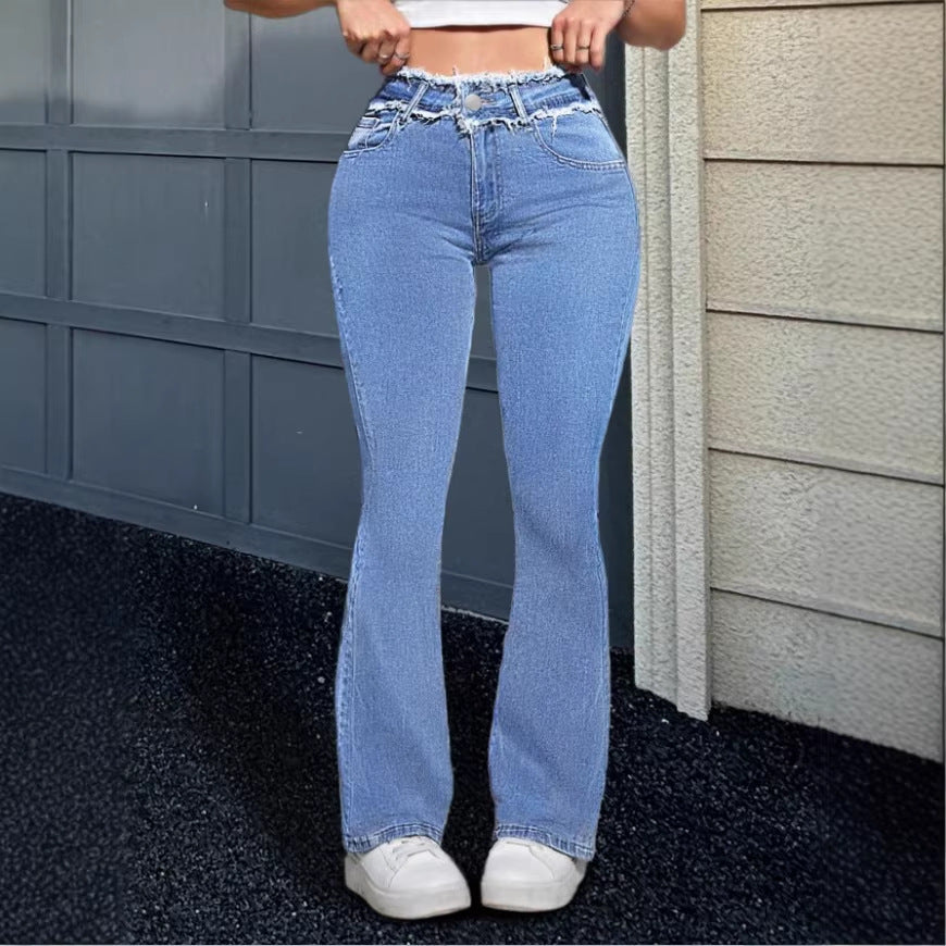Damen Hochgeschnittene Flared-Jeans mit ausgefranstem Bund und mittiger Absteppnaht Drune