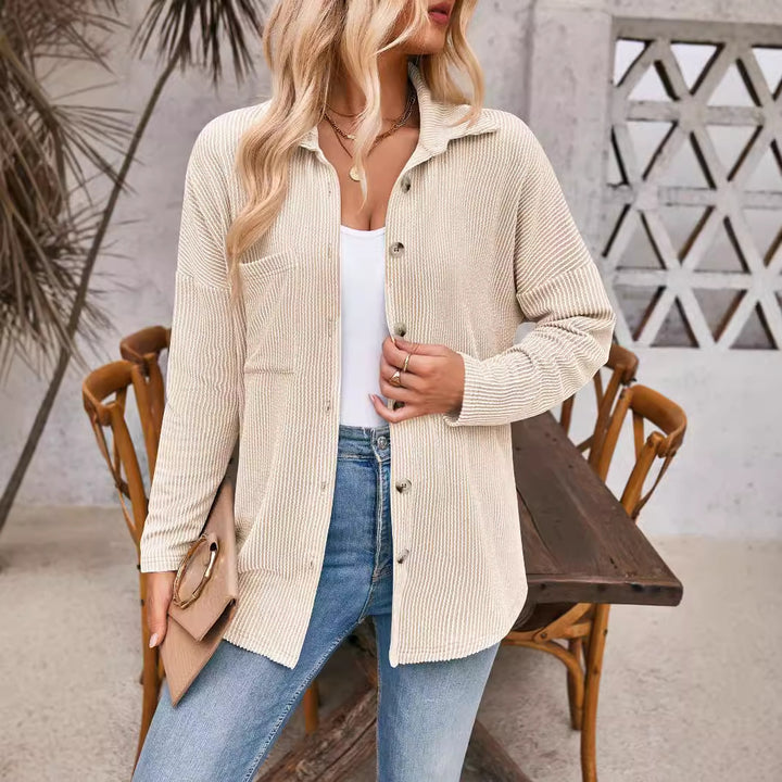 Damen Gerippte Oversize-Hemdjacke mit durchgehender Knopfleiste und Hemdkragen Drune