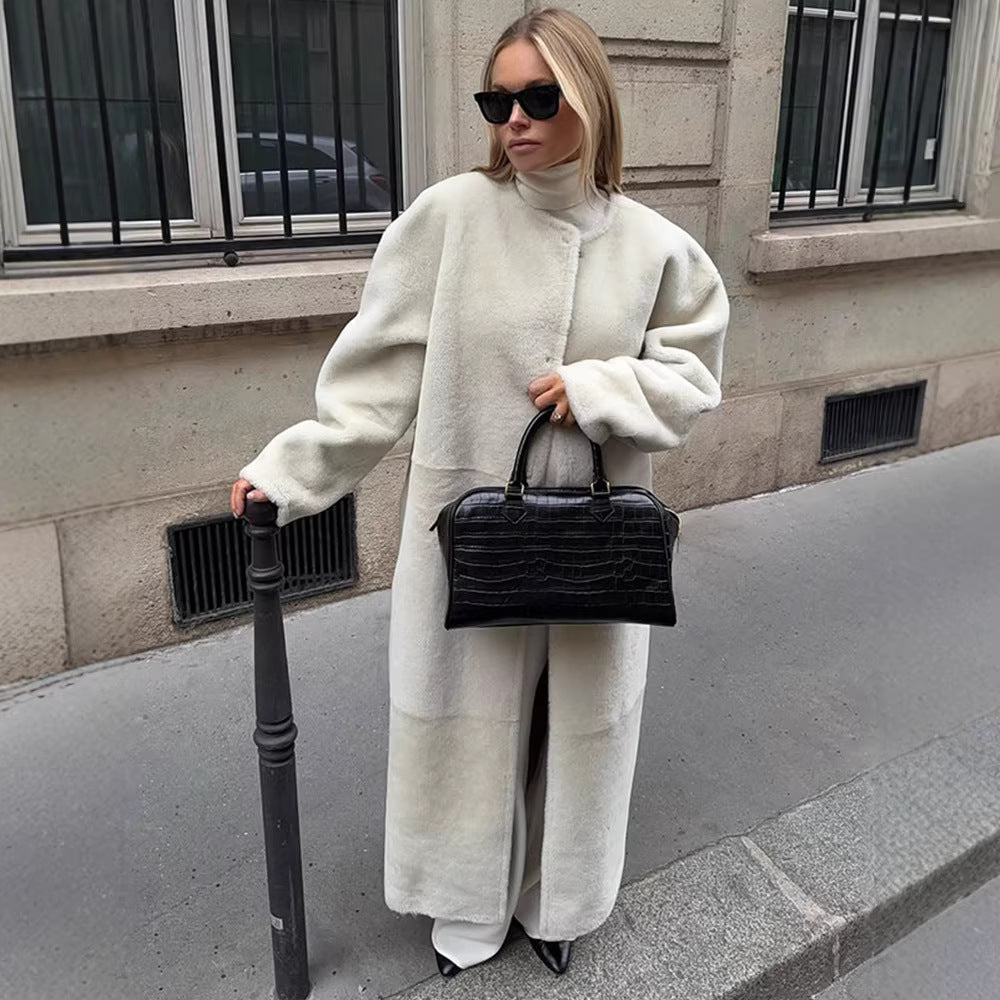 Damen Maxilanger Oversize-Teddymantel mit minimalistischem Stehkragen und verdeckter Druckknopfleiste Drune
