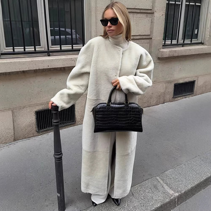 Damen Maxilanger Oversize-Teddymantel mit minimalistischem Stehkragen und verdeckter Druckknopfleiste Drune