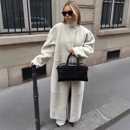Damen Maxilanger Oversize-Teddymantel mit minimalistischem Stehkragen und verdeckter Druckknopfleiste Drune