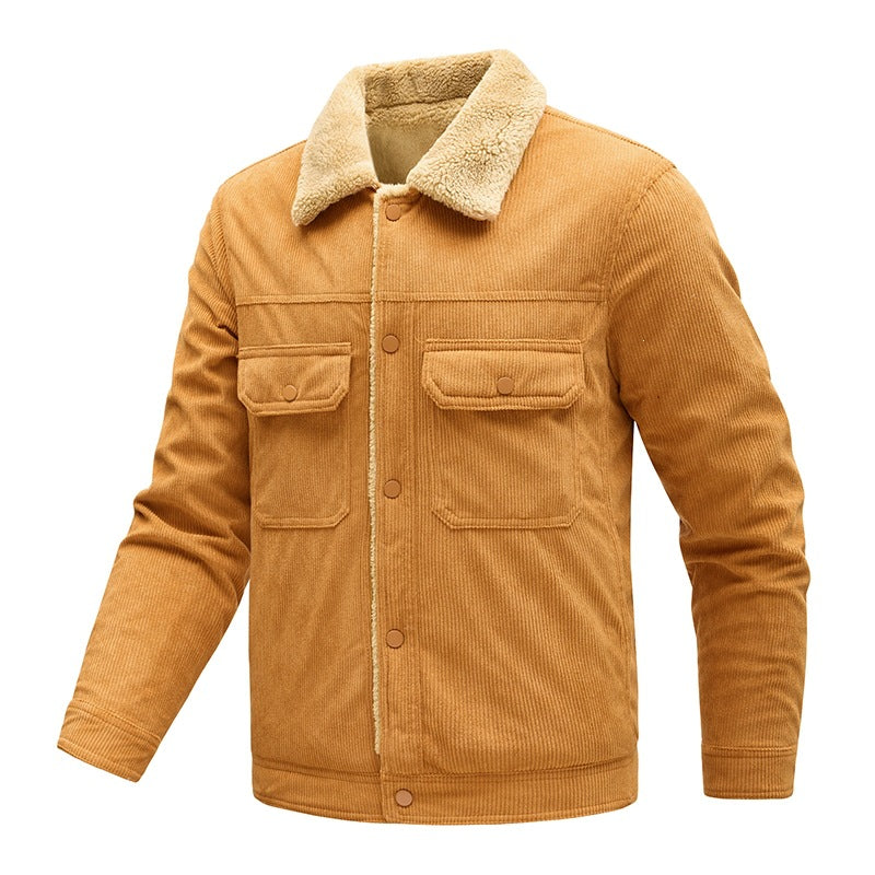 Herren Kordjacke mit Teddyfutter, Kunstfellkragen und Druckknopftaschen Drune