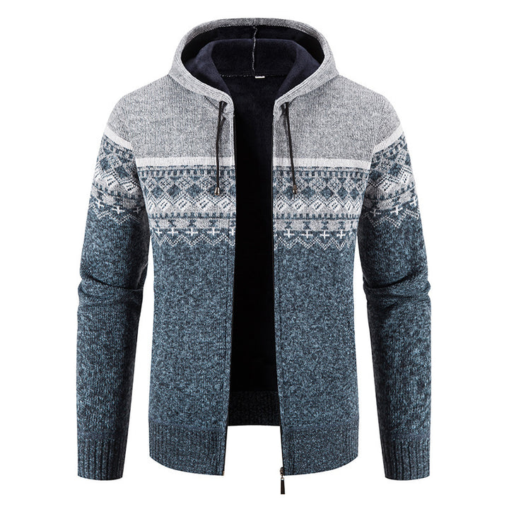 Herren nan gefütterte Strick-Zipjacke im Norwegerstil mit Kapuze und Thermofleece Drune