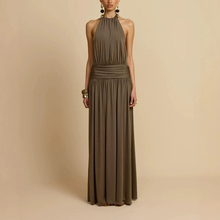 Damen Elegantes Maxikleid mit Hochgängigem Halterneck Drune