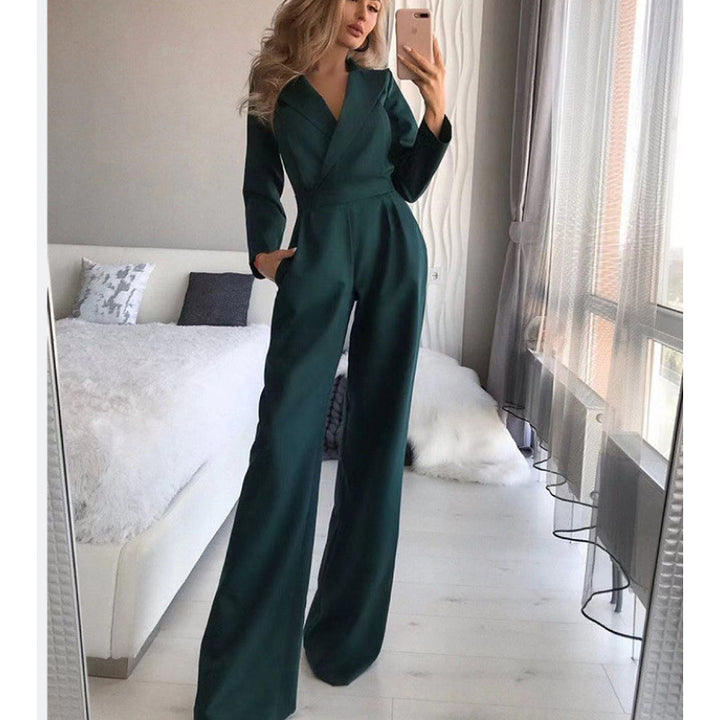 Damen eleganter Jumpsuit mit langem Bein und klassischem Schauspielkragen Drune