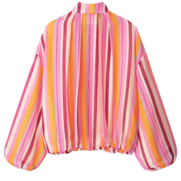 Damen Leichte gestreifte Cropped Blousonjacke im Bomberstil mit Stehkragen, Reißverschluss und Ballonärmeln Drune