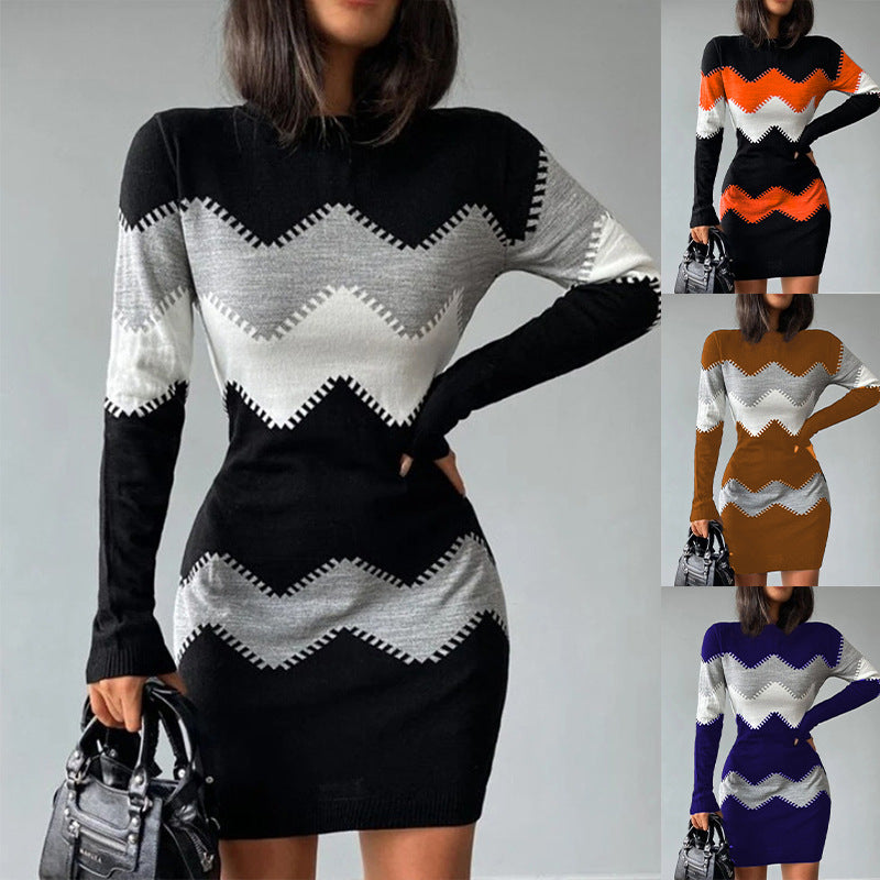 Frauen Figurbetonendes Feinstrick Mini Kleid mit Zickzackstruktur und Rundhalsausschnitt Drune