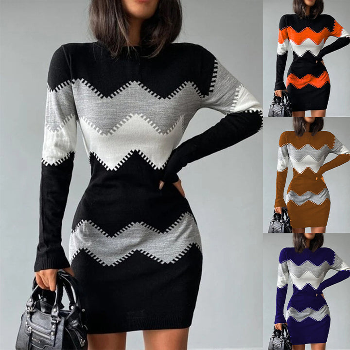 Frauen Figurbetonendes Feinstrick Mini Kleid mit Zickzackstruktur und Rundhalsausschnitt Drune