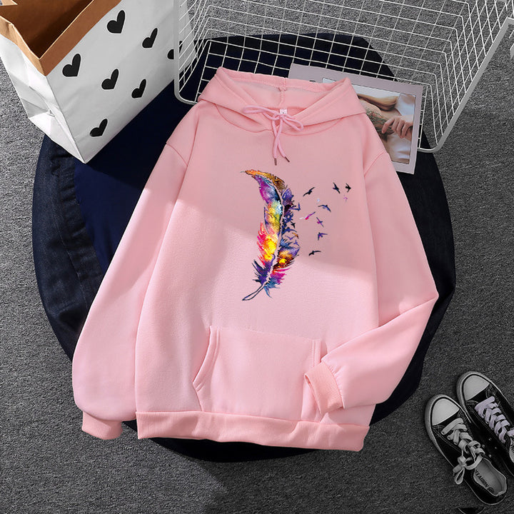 Damen nan Kapuzenpullover mit künstlerischem Aquarell‑Federmotiv, Oversize‑Schnitt und Kängurutasche Drune