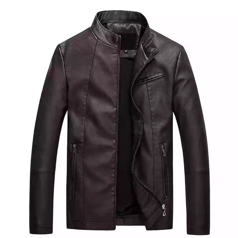 Herren Slim-Fit Kunstlederjacke mit Stehkragen und Reißverschlusstaschen Drune
