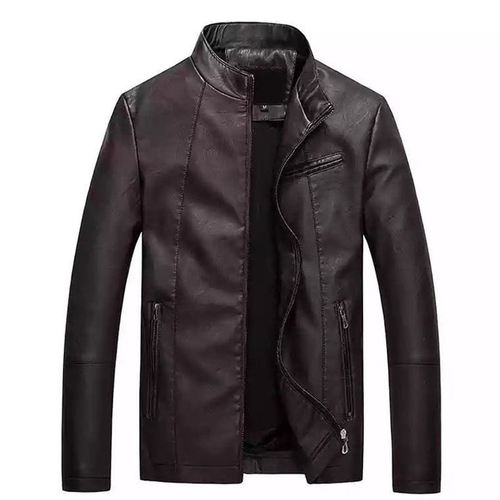 Herren Slim-Fit Kunstlederjacke mit Stehkragen und Reißverschlusstaschen Drune