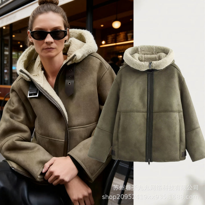 Damen Kapuzen-Lammfellimitat-Bomberjacke mit Teddyfutter und Reißverschluss Drune
