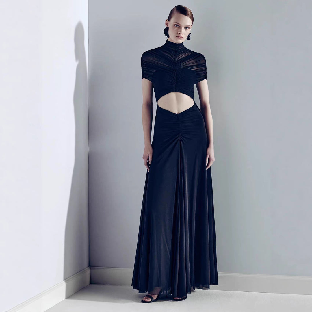 Damen Elegantes Cut-Out Maxikleid mit hochgeschlossenem Design und raffinierten Drapierungen Drune